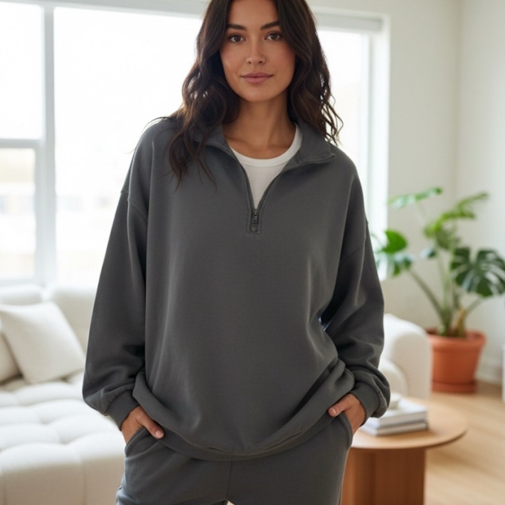 NWT SKIMS Boyfriend Fleece Slouchy Half Zip Pullover – Zircon Gray- size large